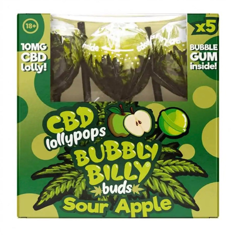 Sucettes CBD Sour Apple (5 pcs) : 10 mg de CBD par unité. BUBBLY BILLY